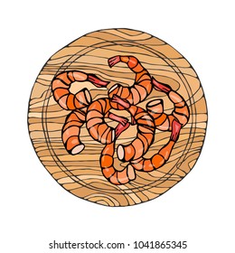 Cooked Shrimps on Round Cutting Board. Prawns For Cooking, Holiday Meals, Recipes, Seafood Guide, Menu. Hand Drawn Illustration. Savoyar Doodle Style.