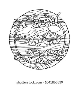 Cooked Shrimps on Skewers on Round Cutting Board. Prawns For Cooking, Holiday Meals, Recipes, Seafood Guide, Menu. Hand Drawn Illustration. Savoyar Doodle Style.