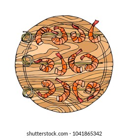 Cooked Shrimps on Skewers on Round Cutting Board. Prawns For Cooking, Holiday Meals, Recipes, Seafood Guide, Menu. Hand Drawn Illustration. Savoyar Doodle Style.