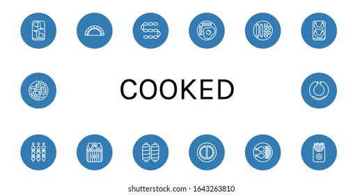 los iconos cocinados sencillos. Contiene iconos como alas de pollo, Chebuk, salchicha, huevos fritos, kebab shish, pierna de pollo, patatas fritas, pueden ser utilizados para web, móvil y logotipo