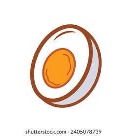 Cooked soft boiled egg sliced in half with visible yellow orange yolk vector icon illustration outlined isolated on square white background. Simple flat cartoon art styled healthy food drawing.