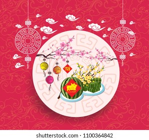 Cooked square glutinous rice cake and blossom, Vietnamese new year. (Translation "T?t" : Lunar new year)
