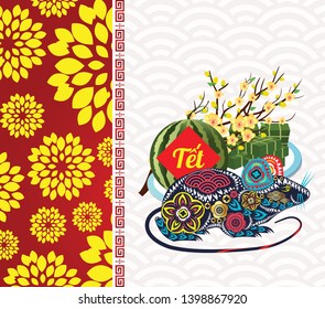Cooked square glutinous rice cake and blossom, Vietnamese new year. Translation Tết  Lunar new year