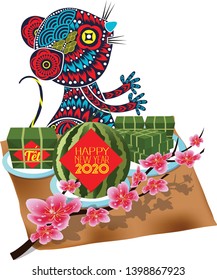 Cooked square glutinous rice cake and blossom, Vietnamese new year. Translation Tết  Lunar new year