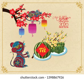 Cooked square glutinous rice cake and blossom, Vietnamese new year. Translation Tết  Lunar new year