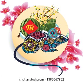 Cooked square glutinous rice cake and blossom, Vietnamese new year. Translation Tết  Lunar new year