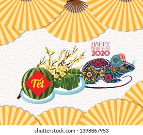 Cooked square glutinous rice cake and blossom, Vietnamese new year. Translation Tết  Lunar new year