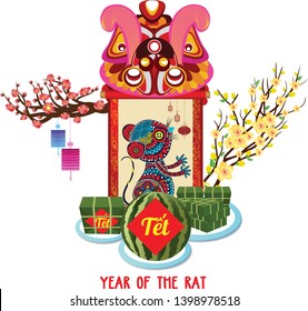 Cooked square glutinous rice cake and blossom, Vietnamese new year. Translation Tet  Lunar new year