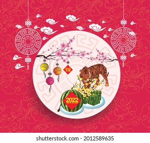 Cooked square glutinous rice cake and blossom, Vietnamese new year 2022. Translation Tết Lunar new year, year of the tiger