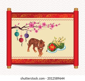 Cooked square glutinous rice cake and blossom, Vietnamese new year 2022. Translation Tết Lunar new year, year of the tiger