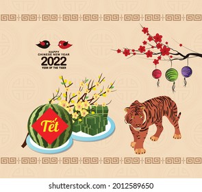 Cooked square glutinous rice cake and blossom, Vietnamese new year 2022. Translation Tết Lunar new year, year of the tiger