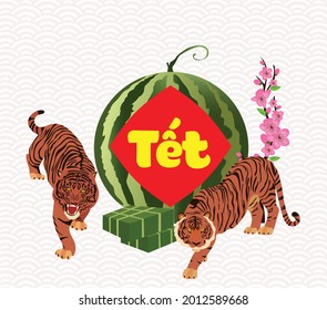 Cooked square glutinous rice cake and blossom, Calendar vietnamese new year 2022. (Vietnamese new year. Translation Tết Lunar new year, year of tiger