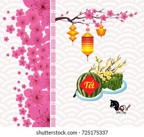 Cooked square glutinous rice cake and blossom, Vietnamese new year. (Translation "Tet" : Lunar new year)
