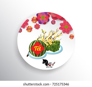 Cooked square glutinous rice cake and blossom, Vietnamese new year. (Translation "T?t" : Lunar new year)
