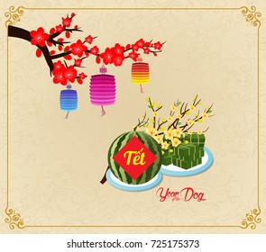 Cooked square glutinous rice cake and blossom, Vietnamese new year. (Translation "T?t" : Lunar new year)