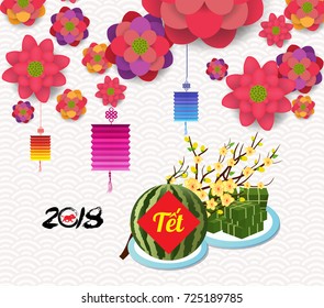 Cooked square glutinous rice cake, blossoms and watermelon, Vietnamese new year. (Translation "Tet" : Lunar new year)