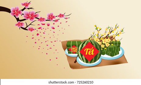 Cooked square glutinous rice cake and blossom, wallpapers. Vietnamese new year. (Translation "Tet": Lunar new year)