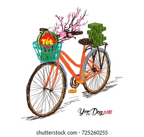 Cooked square glutinous rice cake and blossom, bicycle. Vietnamese new year. (Translation "Tet": Lunar new year)