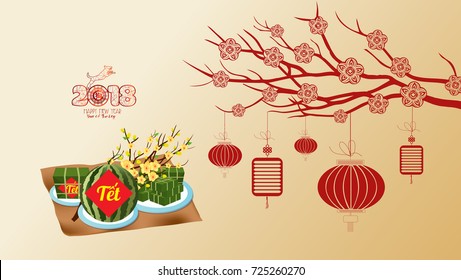 Cooked square glutinous rice cake and blossom, wallpapers. Vietnamese new year. (Translation "Tet": Lunar new year)