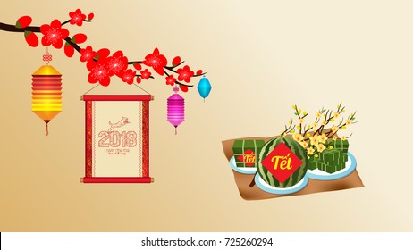 Cooked square glutinous rice cake and blossom, wallpapers. Vietnamese new year. (Translation "Tet": Lunar new year)