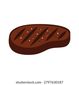 Cooked steak lies on a plain white background. It has grill marks on its surface. This piece is ready to be served for a meal or on a plate for enjoying with sides.
