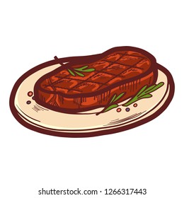 Cooked steak on plate icon. Hand drawn illustration of cooked steak on plate vector icon for web design