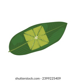 Cooked sticky rice cake slices on a banana leaf vector illustration isolated on white background, top view. Element for Tet holidays, Vietnamese New Year concept.