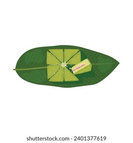 Cooked sticky rice cake slices on a banana leaf vector illustration isolated on white background, top view. Element for Tet holidays, Vietnamese New Year concept.