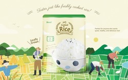 Cooked White Rice Ad Template With Hand Drawn Illustration Of Cute Paddy Field And Asian Farmers. 3d Microwavable Plastic Bag Package. Concept Of Local Growing Crop And Healthy Diet.