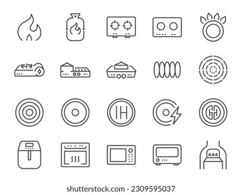 Cooker and flame icon set. It included fire, stoves, cooking hobs, hob, microwave and more icons. Editable Stroke. svg