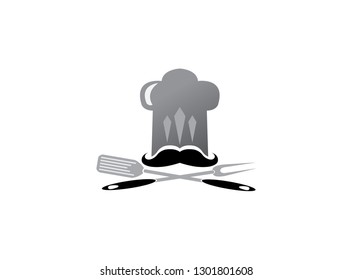 Cooker hat and mustache with grill tools a spatula and fork for logo design