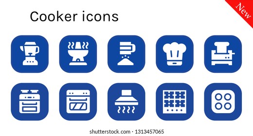 cooker icon set. 10 filled cooker icons.  Simple modern icons about  - Blender, Oven, Sieve, Chef, Toaster, Hood, Burner, Stove