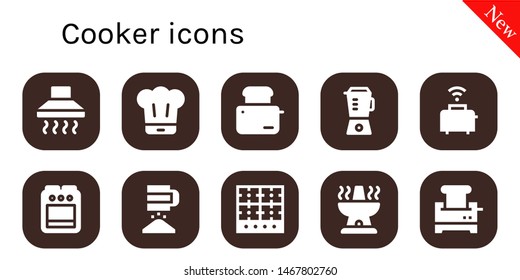 cooker icon set. 10 filled cooker icons.  Simple modern icons about  - Hood, Chef, Toaster, Blender, Stove, Sieve, Burner, Oven