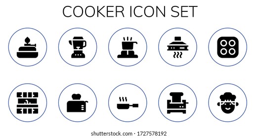 conjunto de iconos de la olla. 10 íconos de cocina rellenos.  Iconos modernos sencillos como: Quemador, cocina, prestamista, tostadora, cocina, sartén frito, capilla de extractor, cocina, chef