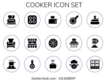 cooker icon set. 15 filled cooker icons.  Collection Of - Toaster, Stove, Kitchen, Pan, Hood, Burner, Sieve, Cooker, Chef