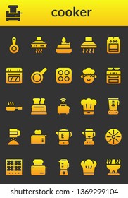 cooker icon set. 26 filled cooker icons.  Simple modern icons about  - Pan, Toaster, Extractor hood, Burner, Hood, Stove, Oven, Chef, Frying pan, Blender, Sieve