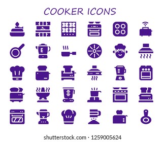  cooker icon set. 30 filled cooker icons. Simple modern icons about  - Burner, Kitchen, Oven, Stove, Toaster, Pan, Blender, Frying pan, Chef, Hood, Extractor hood, Cooker, Sieve