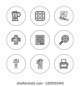 Cooker icon set. collection of 9 outline cooker icons with blender, chef, cooker, extractor hood, frying pan, stove icons. editable icons.