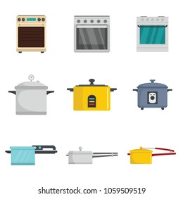 Cooker oven stove pan burner icons set. Flat illustration of 9 cooker oven stove pan burner vector icons for web