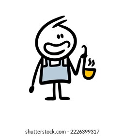 Cooker in uniform holding ladle with hot soup in it. Vector illustration of stick man and tasty food.
