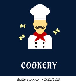 Cookery concept in flat style with male chef with retro curled mustache in professional uniform toque, tunic and red neckerchief surrounded farfalle pasta bow ties