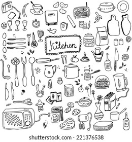 Cookery doodles collection. Stylish design elements: cup, fork, spoon, spices, plate and others.