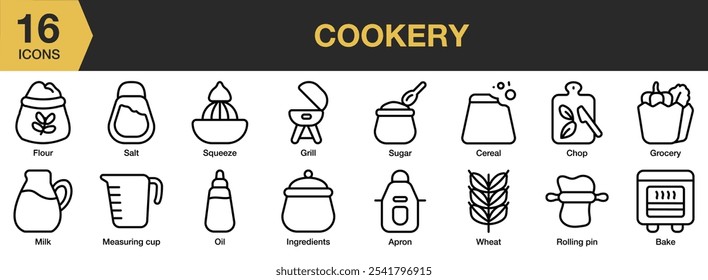 Cookery icon set. Includes wheat, sugar, squeeze, salt, rolling pin, milk, ingredients, and More. Outline icons vector collection.