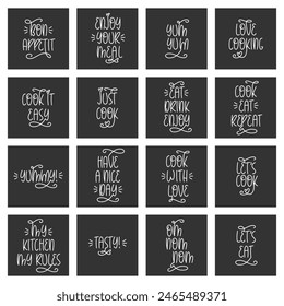 Cookery Kitchen Minimalist Poster Design Collection. Cafe Minimalistic Wall Art. Vector Hand Lettering of Phrases Bon Appetit, Enjoy Your Meal, Om Nom Nom, Love Cooking, Eat Drink Enjoy, Yummy.