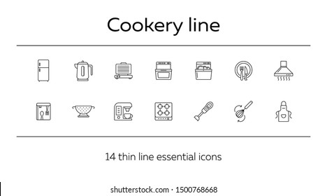 Cookery line icons. Set of line icons. Cookery book, fridge, electric kettle. Culinary concept. Vector illustration can be used for topics like restaurant business, cooking