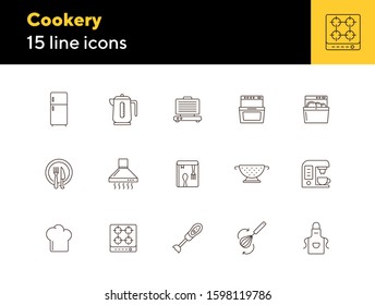 Cookery line icons. Set of line icons. Cookery book, fridge, electric kettle. Culinary concept. Vector illustration can be used for topics like restaurant business, cooking