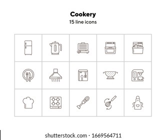 Cookery line icons. Set of line icons. Cookery book, fridge, electric kettle. Culinary concept. Vector illustration can be used for topics like restaurant business, cooking
