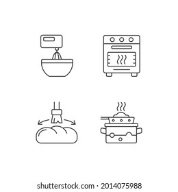 Juego de iconos lineales de cocina. Golpear como instrucción de cocina. Hornear en el horno. Proceso de preparación de alimentos. Símbolos de contorno de línea delgada personalizables. Ilustraciones aisladas del contorno vectorial. Trazo editable