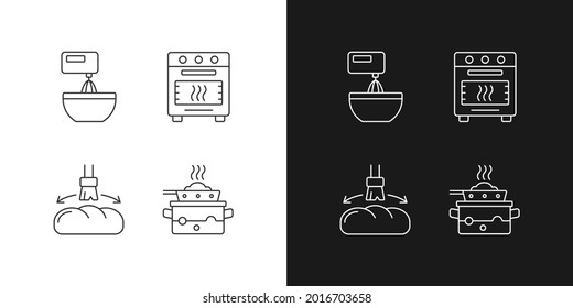 Iconos lineales de cocina establecidos para el modo oscuro y luminoso. Golpear como instrucción de cocina. Proceso de preparación de alimentos. Símbolos de línea delgada personalizables. Ilustraciones aisladas del contorno vectorial. Trazo editable