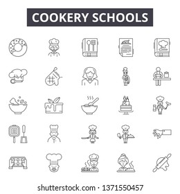 Cookery schools line icons, signs set, vector. Cookery schools outline concept, illustration: chef,cookery,kitchen,food,cook,restaurant,cooking,logo